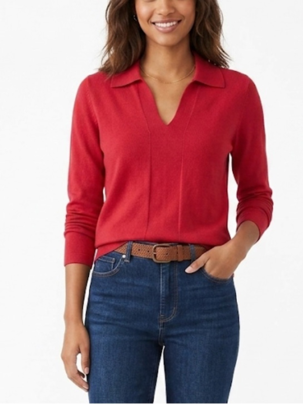 Garnet Hill Red Cotton Blend Collared V-Neck Polo Sweater XS